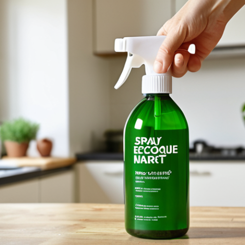 Home 4 **Image:** A hand holding a spray bottle labeled "Spray Écologique Marque Verte" with a blurred background of a clean, modern kitchen. Focus on the eco-friendly label and the implication of a healthy, green home.