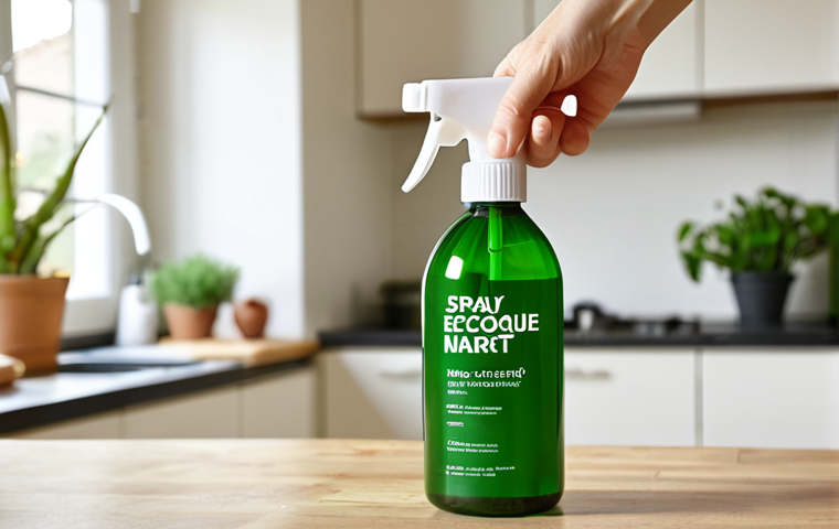 **Image:** A hand holding a spray bottle labeled "Spray Écologique Marque Verte" with a blurred background of a clean, modern kitchen. Focus on the eco-friendly label and the implication of a healthy, green home.