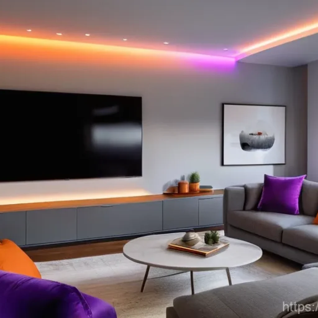 스마트 전등과 일반 전등 비교 - **Personalized Ambiance in a Modern Living Room:**
A vibrant, high-angle shot of a chic, modern ...