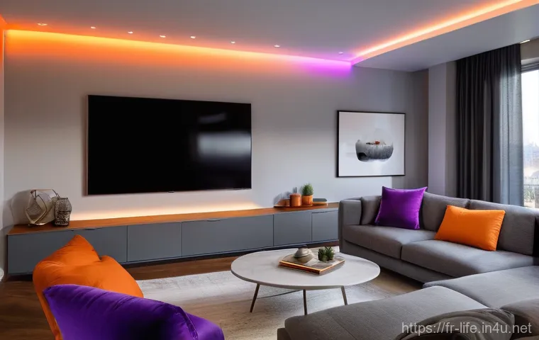 스마트 전등과 일반 전등 비교 - **Personalized Ambiance in a Modern Living Room:**
A vibrant, high-angle shot of a chic, modern ...