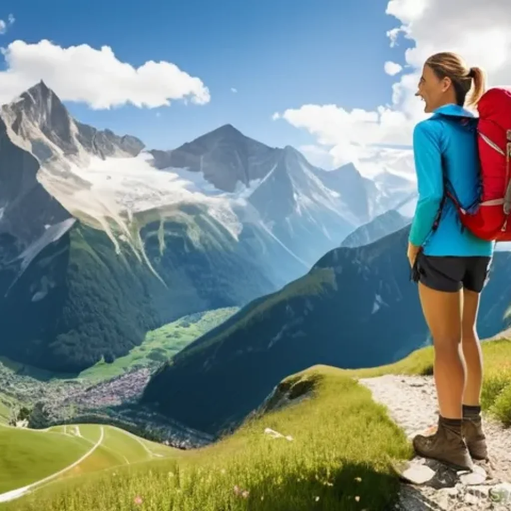휴대용 태양광 충전기 추천 - **Prompt:** A solo female hiker in her late 20s, with a vibrant red, lightweight backpack, treks con...