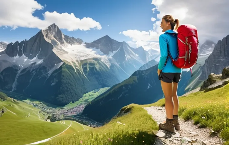 휴대용 태양광 충전기 추천 - **Prompt:** A solo female hiker in her late 20s, with a vibrant red, lightweight backpack, treks con...