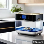 가정용 초음파 세척기의 활용법 - A sleek ultrasonic cleaner with a transparent tank filled with water, gently cleaning delicate gold ...