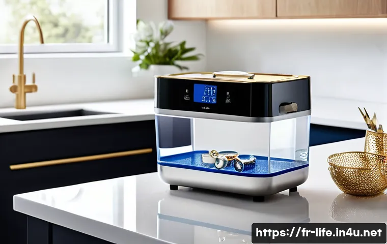 가정용 초음파 세척기의 활용법 - A sleek ultrasonic cleaner with a transparent tank filled with water, gently cleaning delicate gold ...