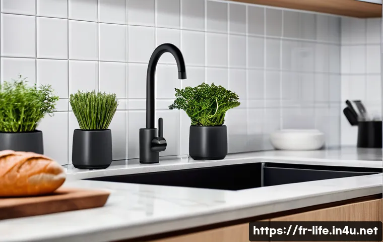 스마트 워터 필터와 일반 필터 비교 - A modern kitchen scene featuring a sleek traditional water filter system installed under the sink, s...