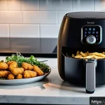 에어프라이어와 오븐의 차이점 - A modern, compact air fryer on a sleek kitchen countertop in a cozy Parisian apartment, cooking gold...