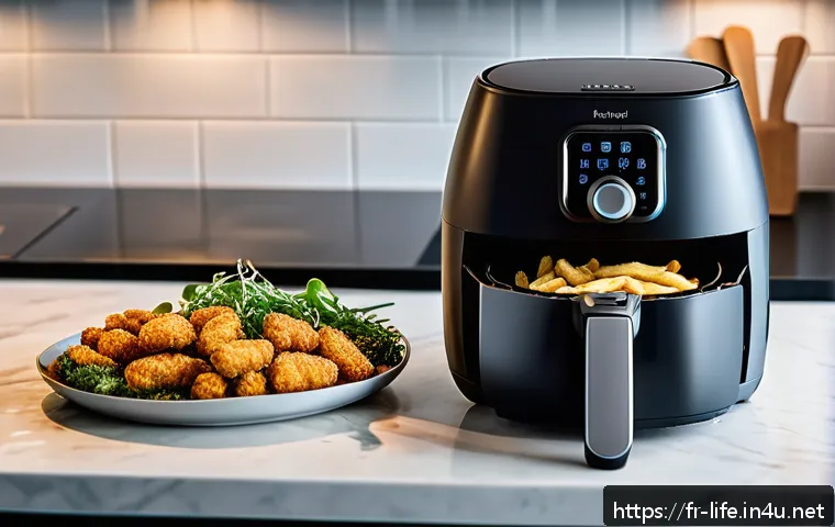 에어프라이어와 오븐의 차이점 - A modern, compact air fryer on a sleek kitchen countertop in a cozy Parisian apartment, cooking gold...