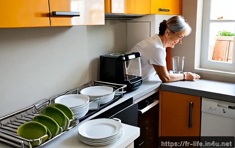 휴대용 식기 세척기의 장단점 - Photorealistic French apartment kitchen counter, a compact portable countertop dishwasher beside a s...